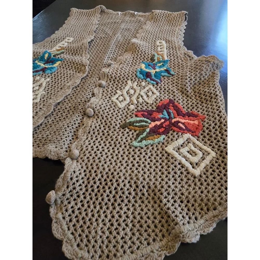 Women's Vintage Crochet Embroidered Vest M Beige Multicolor Retro Boho Festival